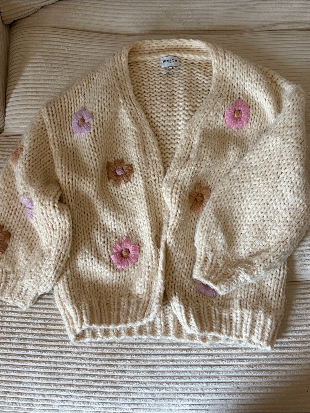 FRNCH Cream Knit Cardigan with Pink and Tan Floral Embroidery